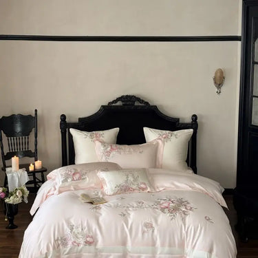 Pink Champagne Flower Embroidery Duvet Cover Set, Egyptian Cotton 1000TC Bedding Set